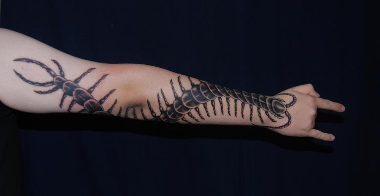 手臂上一条长长的蜈蚣纹身