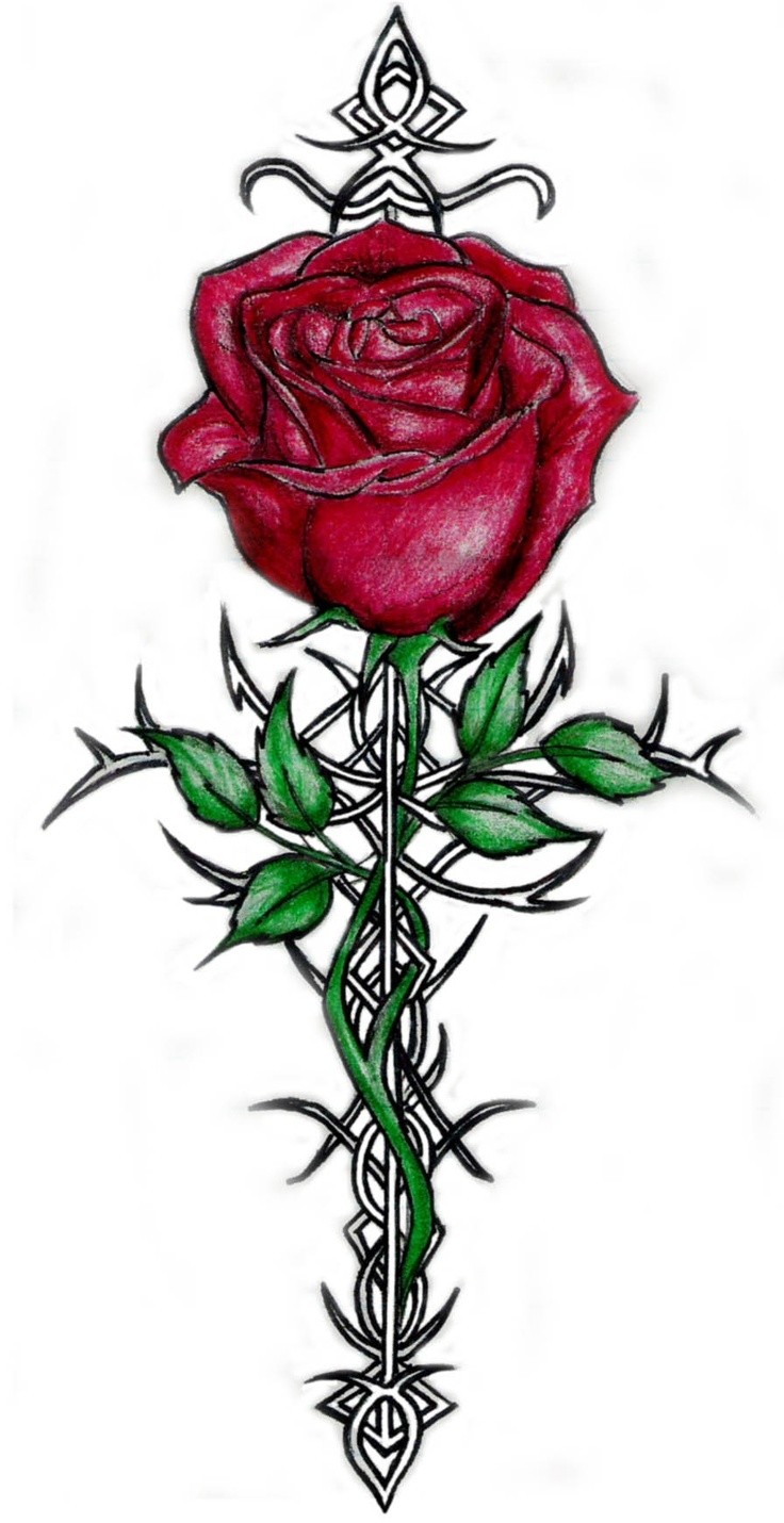 时尚漂亮的十字架玫瑰纹身