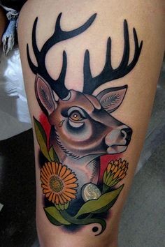 腿部一款经典个性的鹿纹身