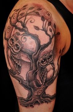 手臂上一款猫头鹰和树枝纹身