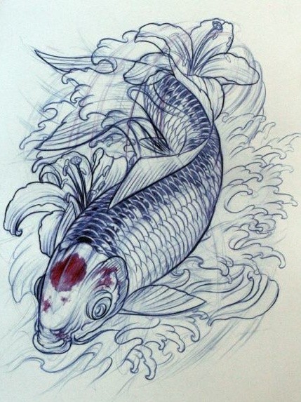 线条感的鲤鱼纹身手稿
