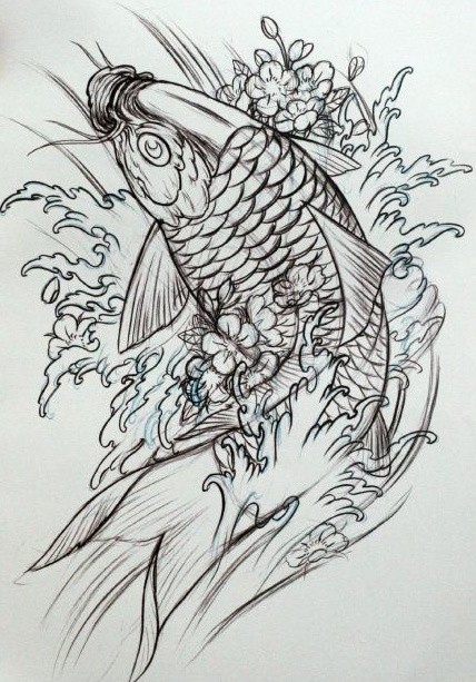 线条感的鲤鱼纹身手稿