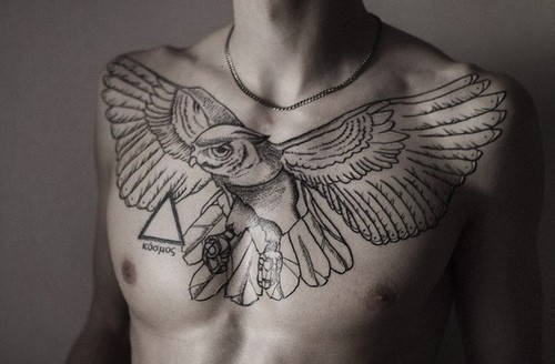 男士胸部时尚的猫头鹰刺青