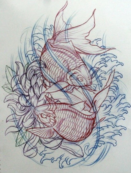 线条感的中国鲤鱼纹身手稿