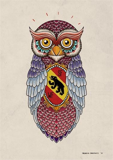 漂亮时尚的猫头鹰纹身手稿