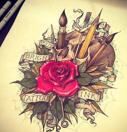 时尚漂亮的玫瑰纹身手稿
