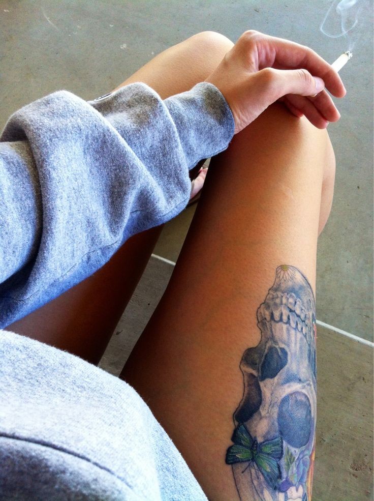 女性腿部时尚帅气的骷髅纹身