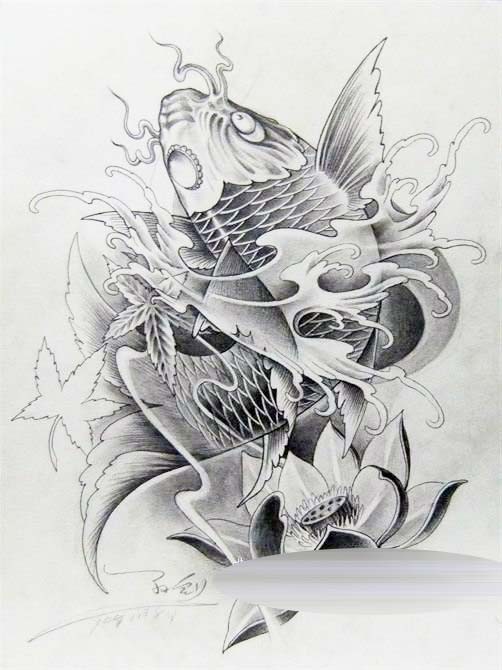 素色的鲤鱼纹身手稿