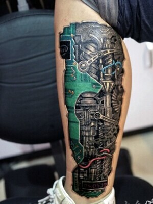 男人小腿炫酷的3d机械纹身