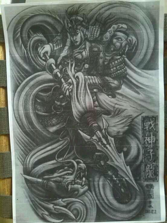 霸气的满背赵云纹身手稿