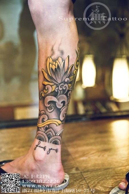 小腿经典菩萨纹身