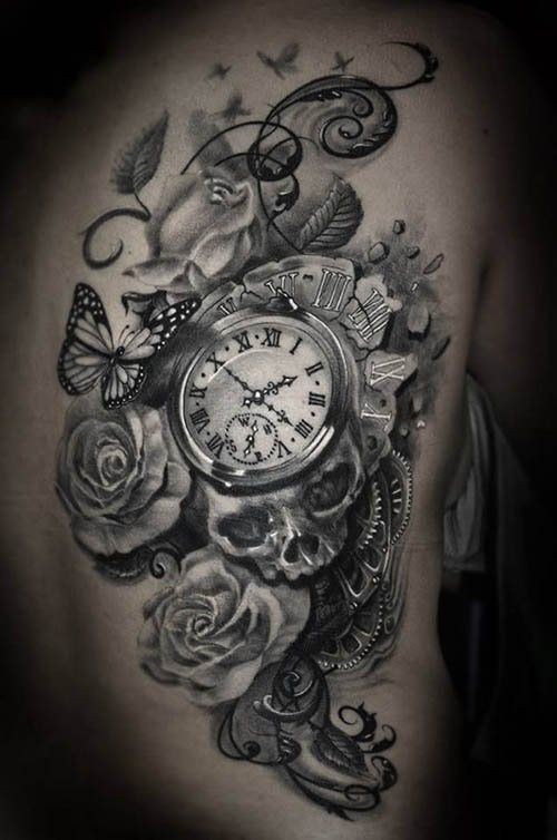 女孩子肩背时钟纹身图案