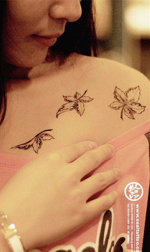 女生肩部好看的叶子纹身