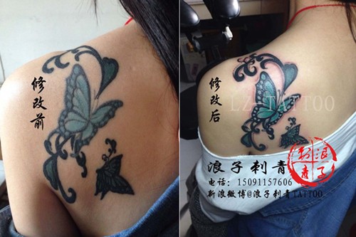 女生背部蝴蝶纹身