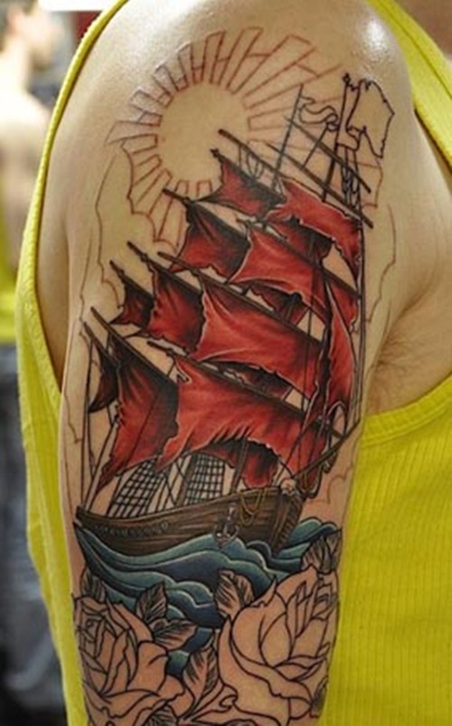 航海梦帆船图案纹身