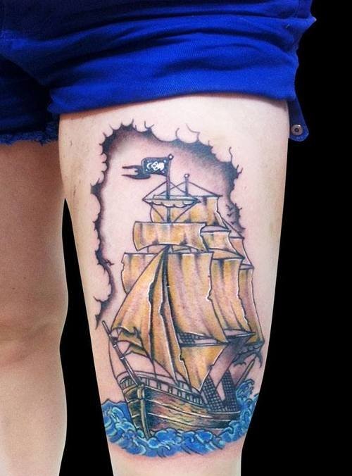 航海梦帆船图案纹身