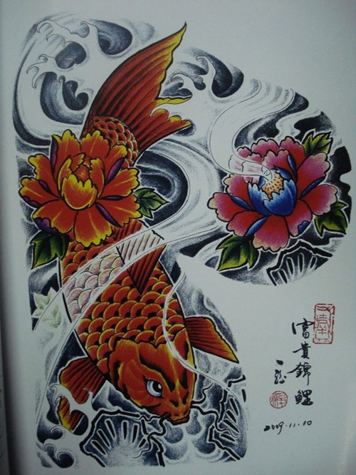 经典彩色锦鲤纹身手稿