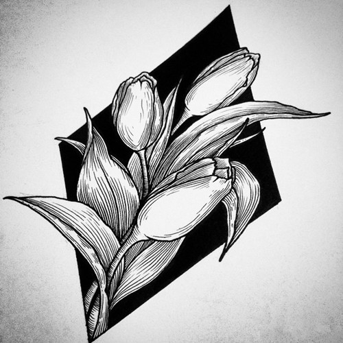 黑白 彩色花朵纹身手稿