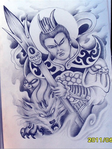 一张单色的二郎神纹身手稿