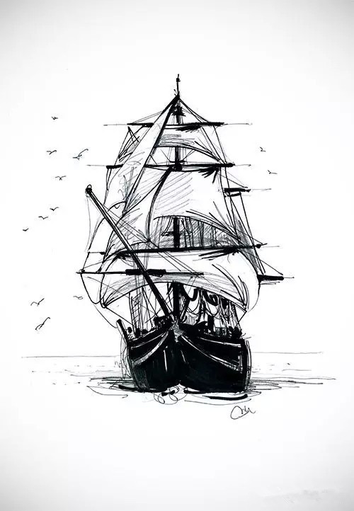 大气的帆船纹身手稿