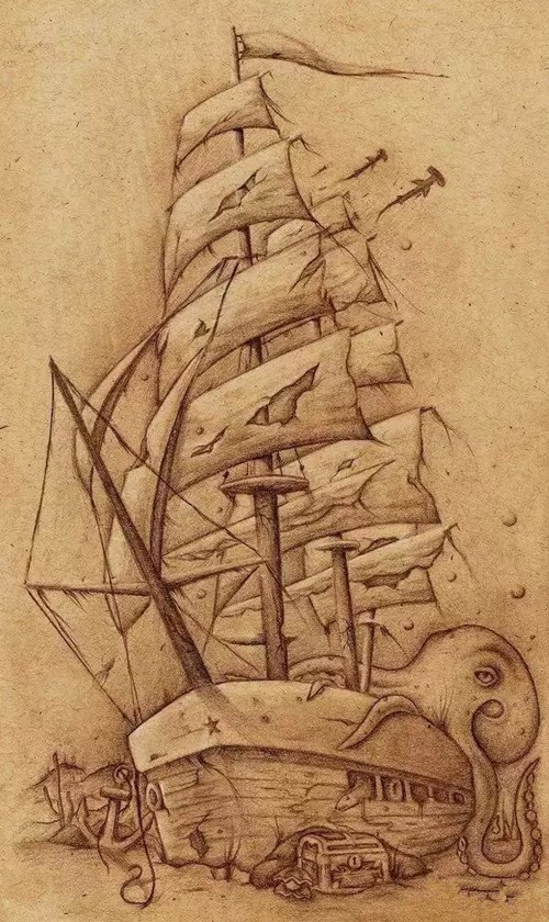 大气的帆船纹身手稿