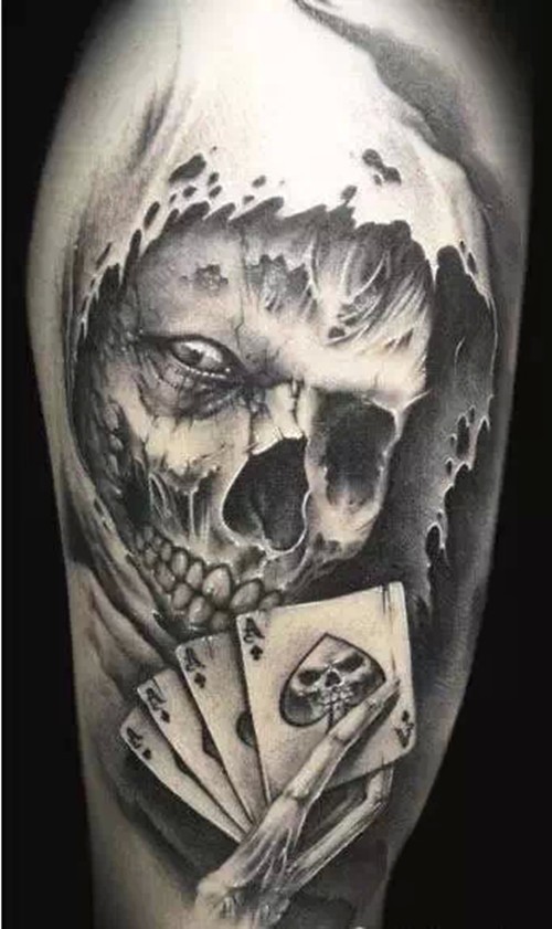 恐怖黑灰骷髅头纹身