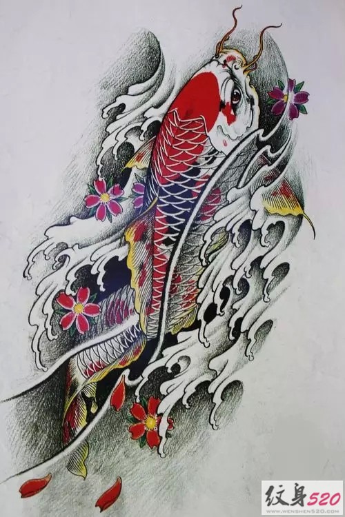 优雅的锦鲤莲花纹身手稿素材