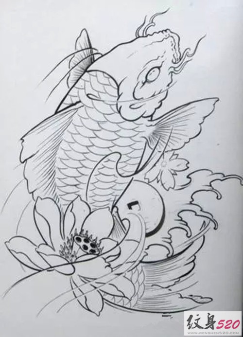 鲤鱼莲花纹身手稿