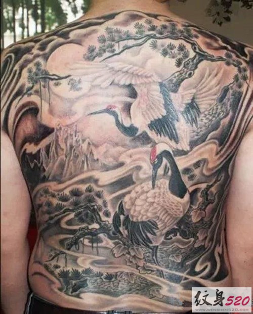精美的满背丹顶鹤纹身图案