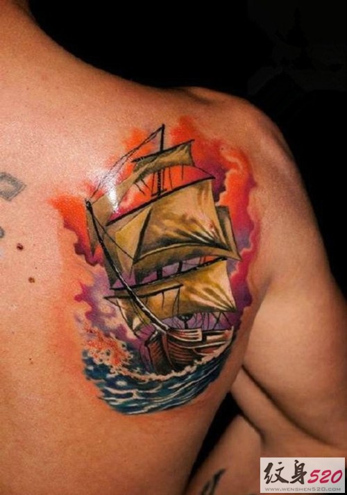 超棒的泼墨帆船纹身图案