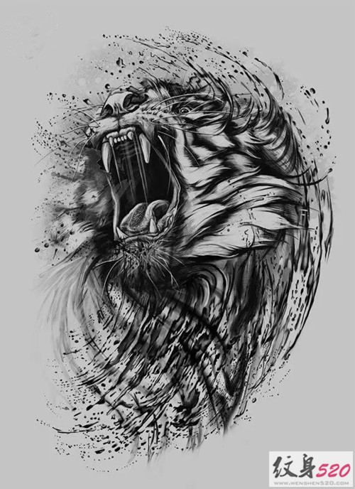 凶狠的老虎纹身手稿素材