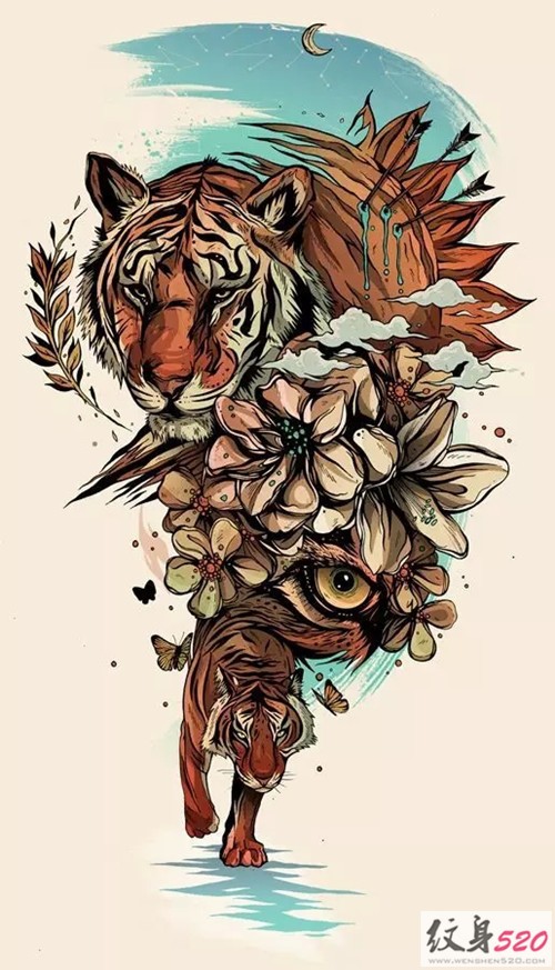 凶狠的老虎纹身手稿素材