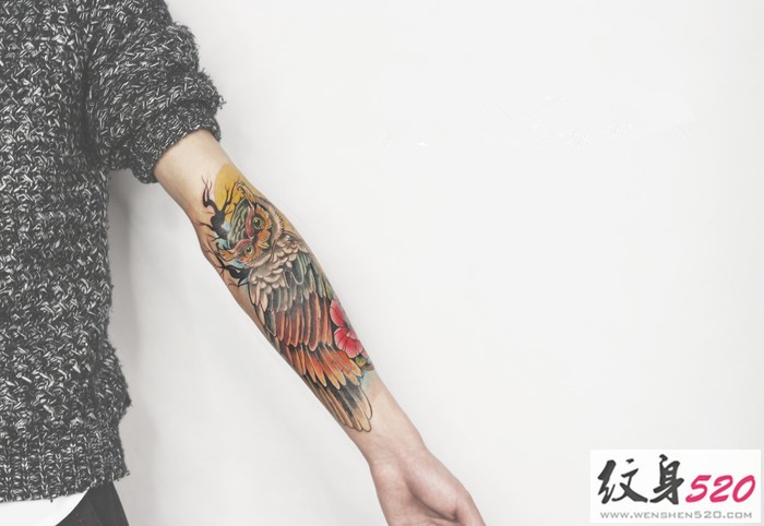 个性时尚猫头鹰手臂纹身