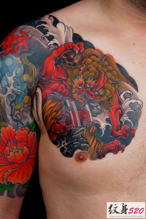 中国老传统经典唐狮半甲纹身