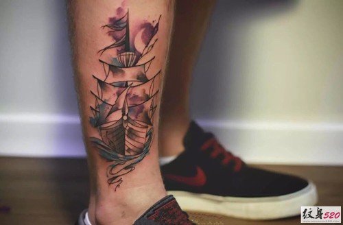 腿部小腿处潮流的帆船纹身