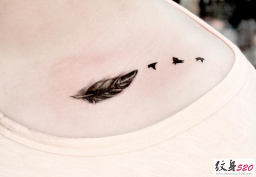 唯美的羽毛加飞鸟纹身小图案
