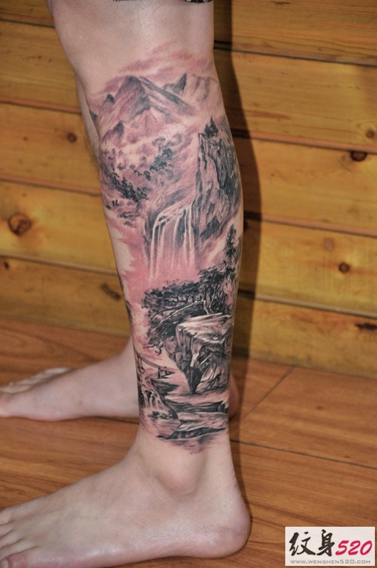 一组漂亮的腿部山水画纹身赏析