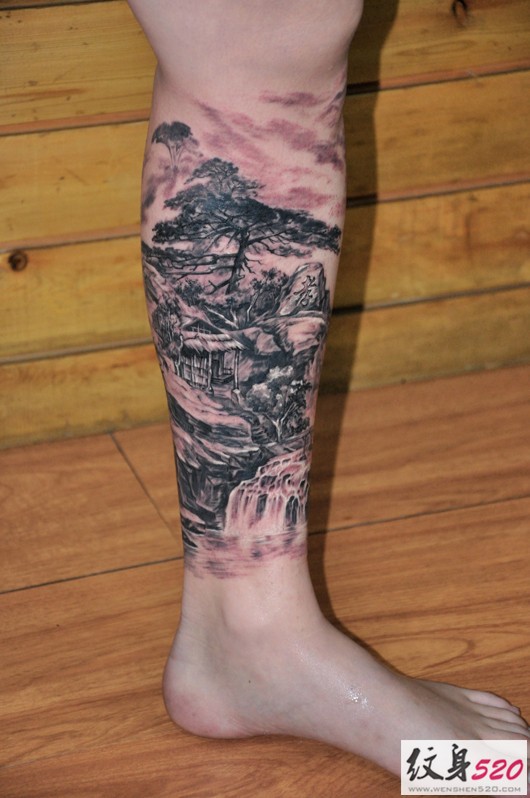 一组漂亮的腿部山水画纹身赏析