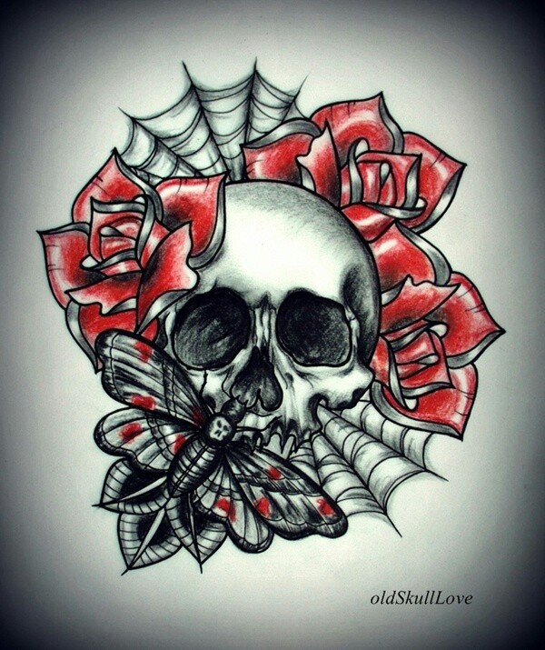骷髅和红色玫瑰的组合纹身手稿