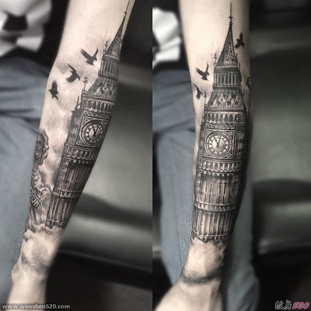 美丽的黑灰色现实主义图案纹身作品