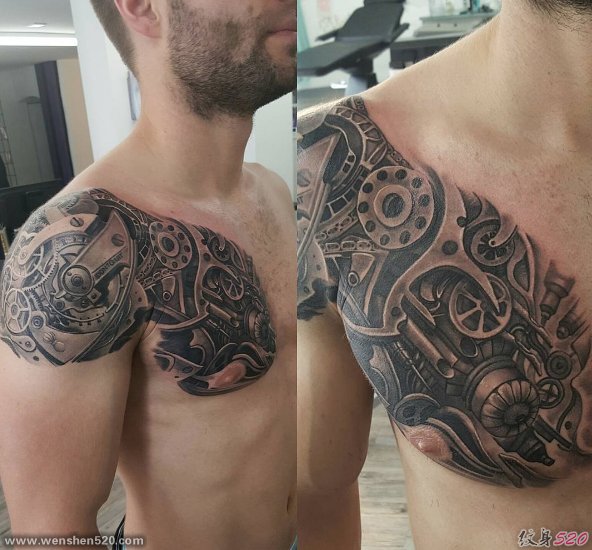 男子右胸部机械纹身图案