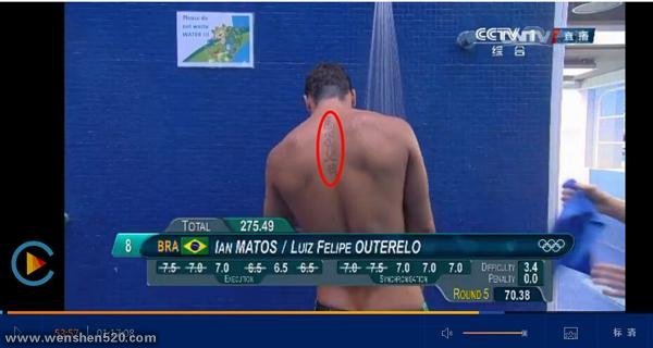 里约奥运会巴西跳水运动员中文"感恩父母"纹身图案