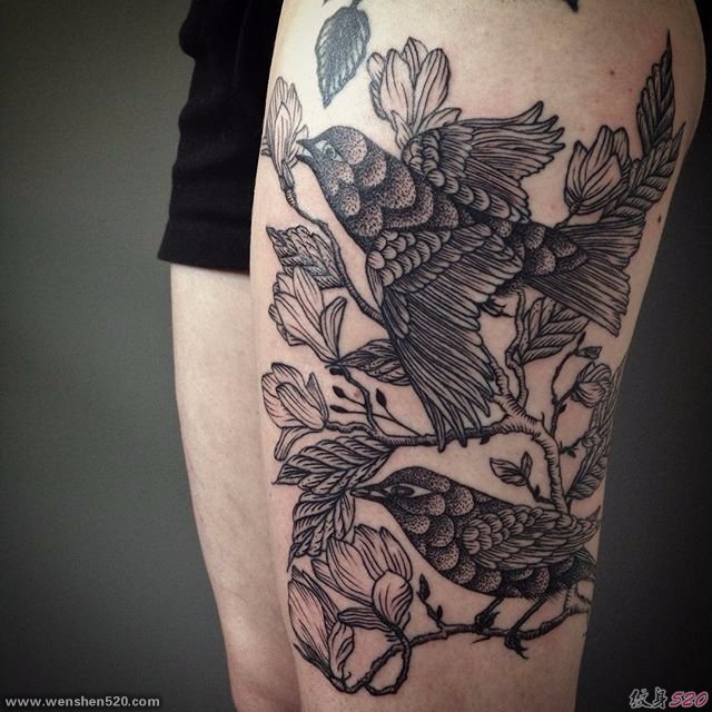 克里伯克的各种精致的黑色植物点刺纹身图案