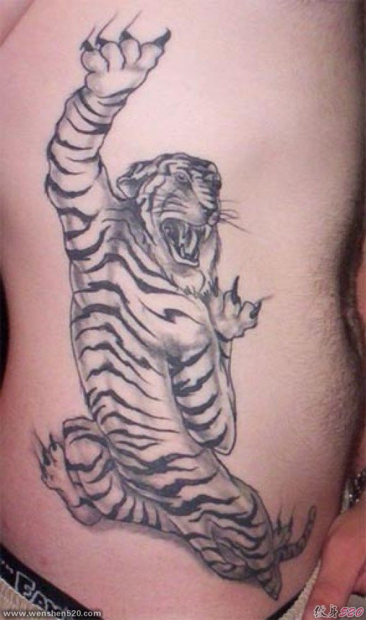 男子侧肋上凶猛的老虎纹身图案