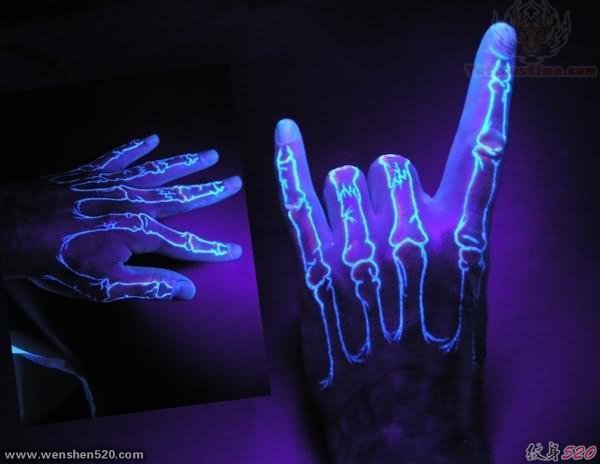 手指关节上的荧光隐形纹身图案