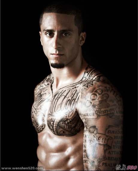 美国旧金山橄榄球队"49人"队员Kaepernick帅气的大面积纹身图案