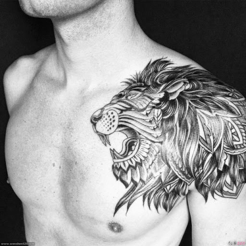 几款男性帅气的黑灰色狮子纹身图案