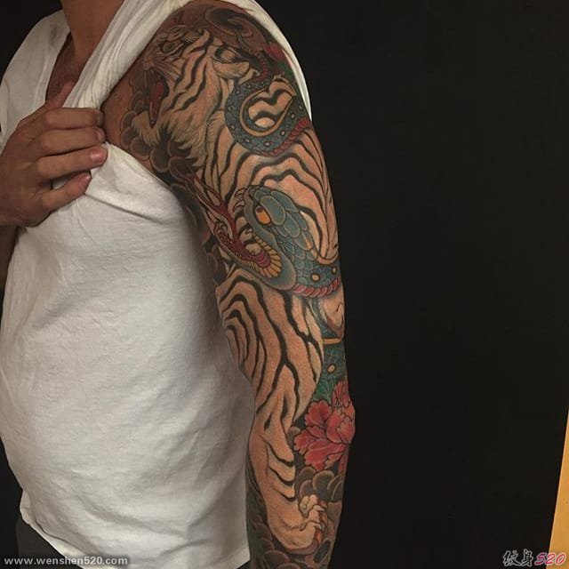 漂亮霸气的男性花臂老虎纹身图案