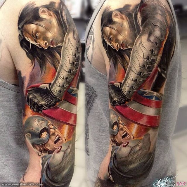 手臂上美国队长和冬天的士兵纹身图案来自安德烈·卢卡斯