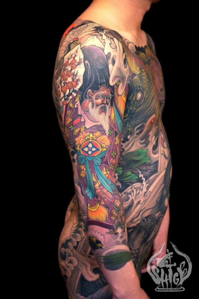 男士上身满身彩色寿星纹身花臂图案